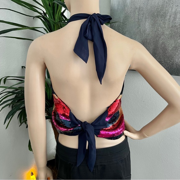 Trina Turk Colorful Sparkly Sequin Open Back Halter Top - Picture 2 of 9